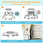 Baby Walker with Wheels, One-Touch Folding Portable Baby Walkers with Height Adjustment, Large Dinner Plate and Brake, Walker for Baby Boy Girls 6-18 Months, Gray