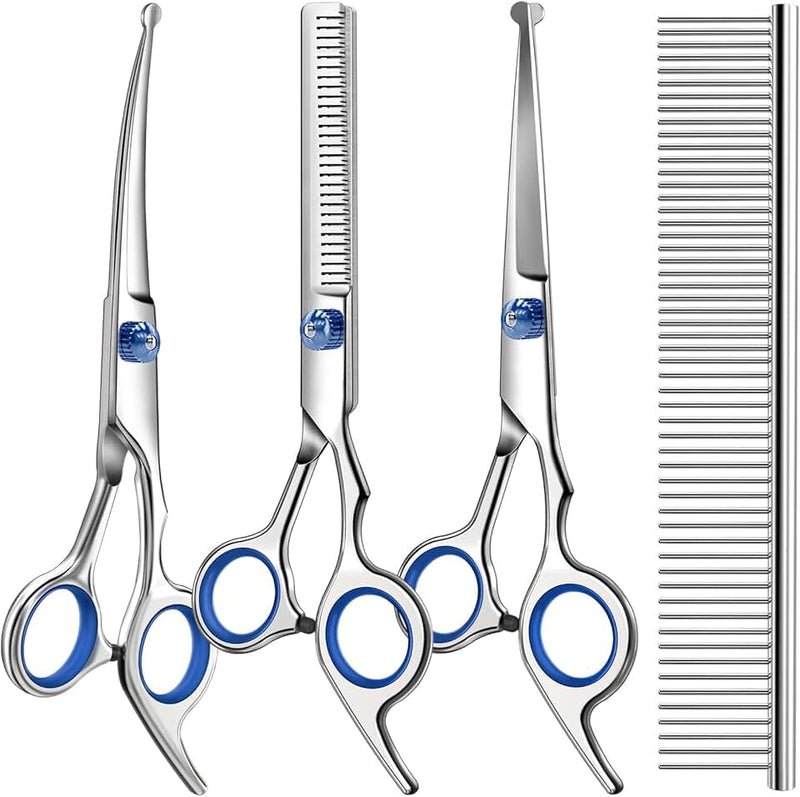 Professional 4 in 1 Dog & Cat Grooming Scissors Kit with Safety Round Tips,Sharp & Durable,Dog Shears for Grooming - Inc