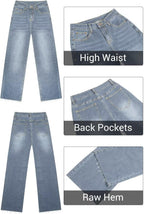 KDF Straight Leg Jeans for Women High Waisted Jeans Frayed Baggy Pants Raw Hem Loose Stretchy Cropped Wide Leg Jeans