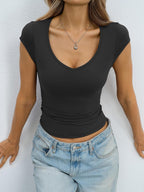Eachyes Womens Deep V Neck Cap Sleeve Shirts Sexy Slim Fit Crop Tops Cute Basic Tees Y2k Going Out Summer Clothes 2026
