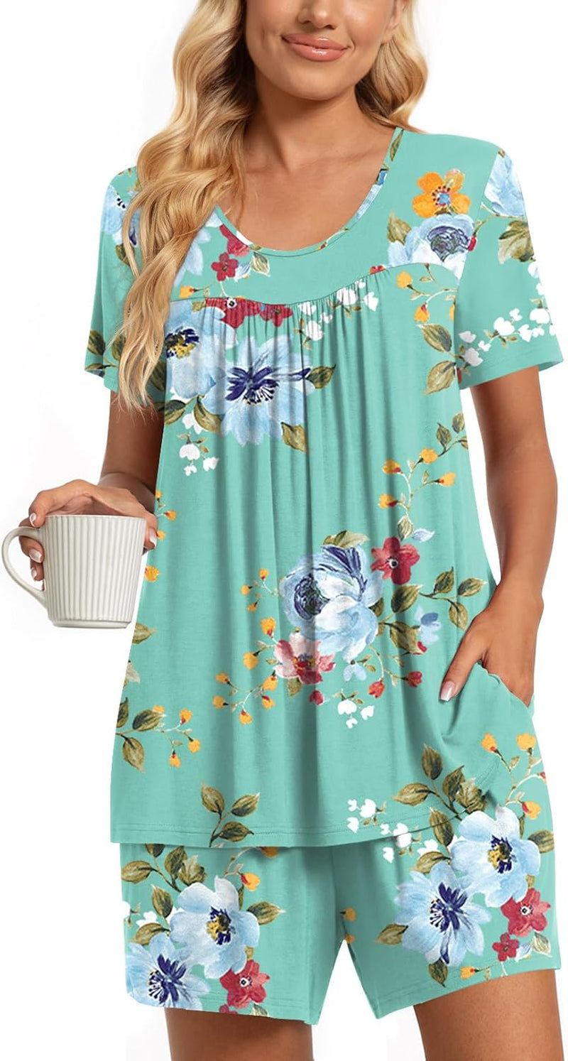 TAOHUADAO 2 Piece Women's Short Sleeve Pajama Sets, Lounge Sleepwear Ladies Pjs Sets with Pockets