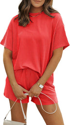 MARZXIN Women 2 Piece Shorts Set 2026 Casual Summer Cruise Outfits Ribbed Loose Short Sleeve Pocket Matching Lounge Sets