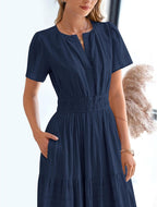 BTFBM Womens Summer 2026 Casual Midi Maxi Dresses Lightweight Short Sleeve V Neck Elastic Waist Boho Beach Dress Pockets