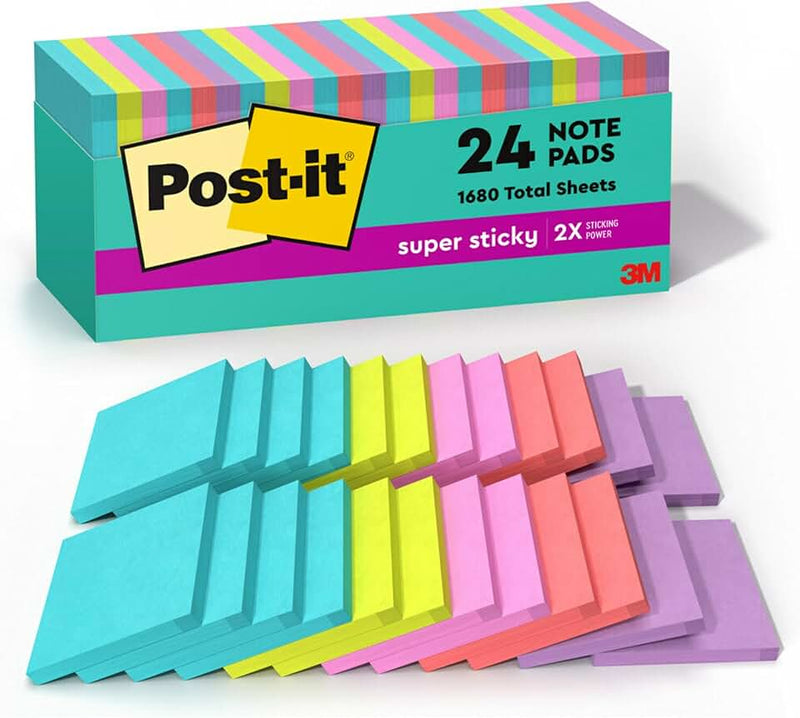 Post-it Super Sticky Notes, 24 Sticky Note Pads, 3 x 3 in., School Supplies, Office Products, 2X the Sticking Power, Sup