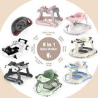 Kinder King 8-in-1 Baby Walker with Music & Lights, 3 Level Adjustable Height, Foldable Toddler Walker with Speed Adjustable Wheels, Easy to Clean, Baby Walkers for Boys & Girls 6-18 Months