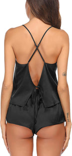 Ekouaer Silk Pajamas Set for Women Satin Backless Lingerie Pjs Cami Top and Shorts Nightwear
