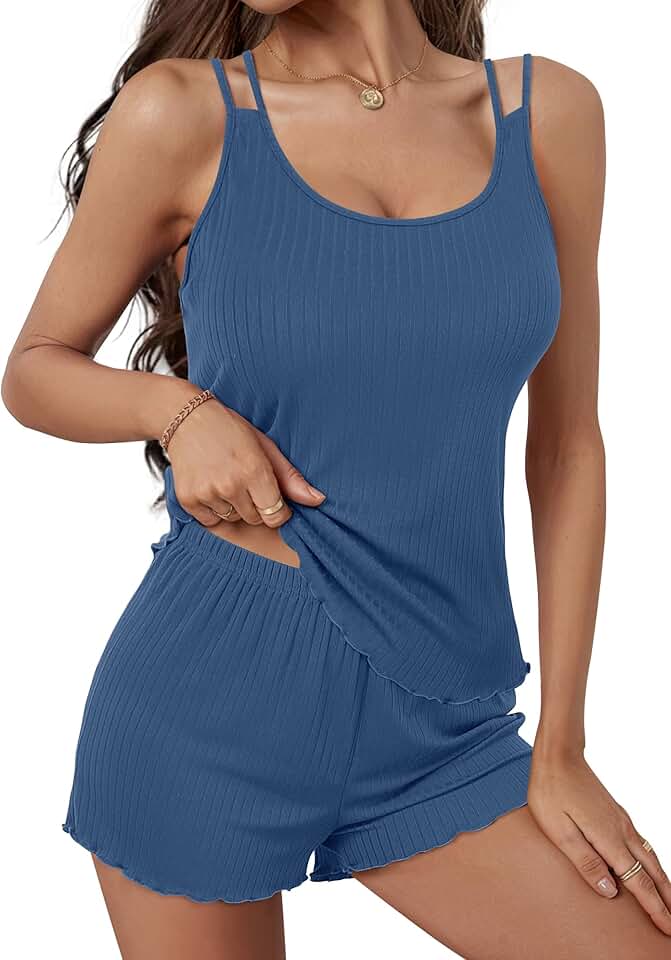 Ekouaer Womens Cami Pajama Sets 2 Piece Ribbed Knit PJs Tank Top and Shorts Set Lingerie Sleepwear