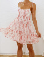 Mansy Womens 2026 Summer Floral Mini Dress Boho Flowy Skater Dresses Short Sleeveless Ruffle Spaghetti Strap Dress