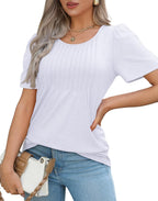 OFEEFAN Womens T Shirts Short Sleeve Pleated Dressy Casual Scooped Neck Summer Tops Blouses