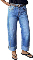 Flamingals Mid Rise Straight Leg Jeans for Women Wash Seam Front Roll Raw Hem Denim Pants Without Belt