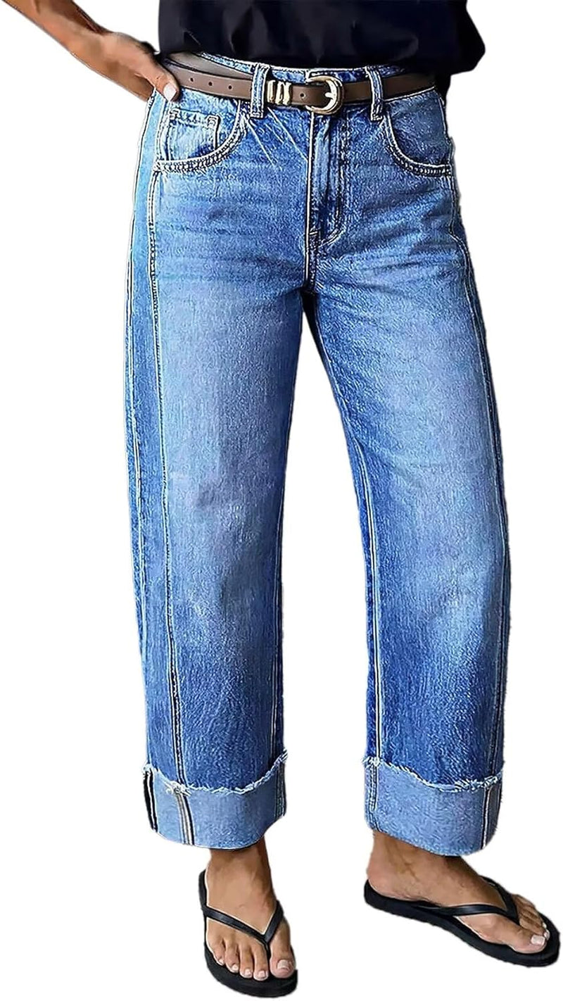 Flamingals Mid Rise Straight Leg Jeans for Women Wash Seam Front Roll Raw Hem Denim Pants Without Belt