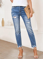 EVALESS Women's High Waisted Tummy Control Straight Ankle Ripped Jeans