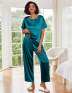 Ekouaer Womens Satin Silky Pajama Set Short Sleeve Shirt with Long Pajama Pant Set Soft PJ Loungewear
