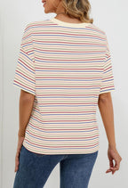 MEROKEETY Women's 2026 Summer Short Sleeve Tops Casual Colourful Striped Crewneck Loose Work T Shirts Blouses