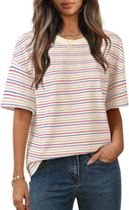 MEROKEETY Women's 2026 Summer Short Sleeve Tops Casual Colourful Striped Crewneck Loose Work T Shirts Blouses