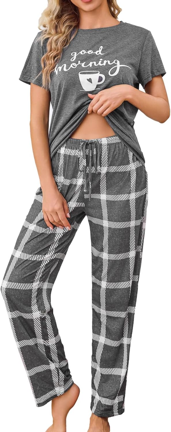 difficort Womens Pajama Sets Short Sleeve Pjs Tops with Long Pants Sleepwear Lounge Set with Pocket