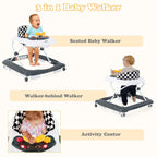 INFANS Foldable Baby Walker, 3 in 1 Toddler Walker Leaning-Seated Walk-Behind with Removable Music Tray, Adjustable Height, Washable Seat Cushion for Boys and Girls (Checkerboard)