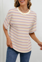 MEROKEETY Women's 2026 Summer Short Sleeve Tops Casual Colourful Striped Crewneck Loose Work T Shirts Blouses