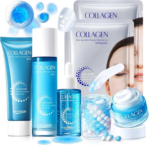 Collagen Skincare Set for Women – 7Pcs Face Care Kit with Cleanser,Toner,Serum,Eye Cream,Face Cream & Masks – Hydrating,