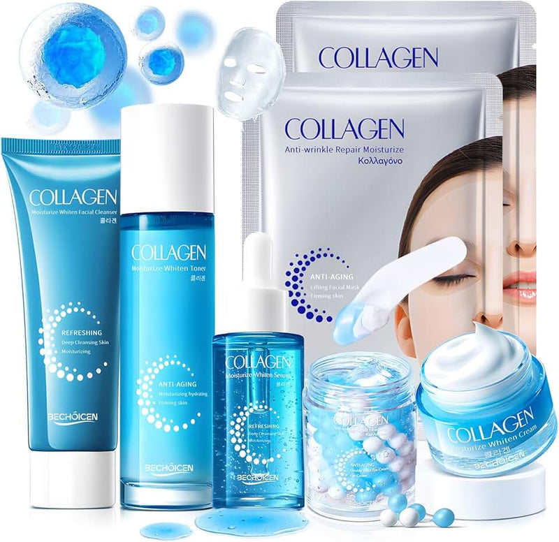 Collagen Skincare Set for Women – 7Pcs Face Care Kit with Cleanser,Toner,Serum,Eye Cream,Face Cream & Masks – Hydrating,