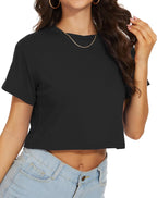 Womens Summer Crop Tops Short Sleeve Round Neck T-Shirts Loose Fit Casual Blouse 2026