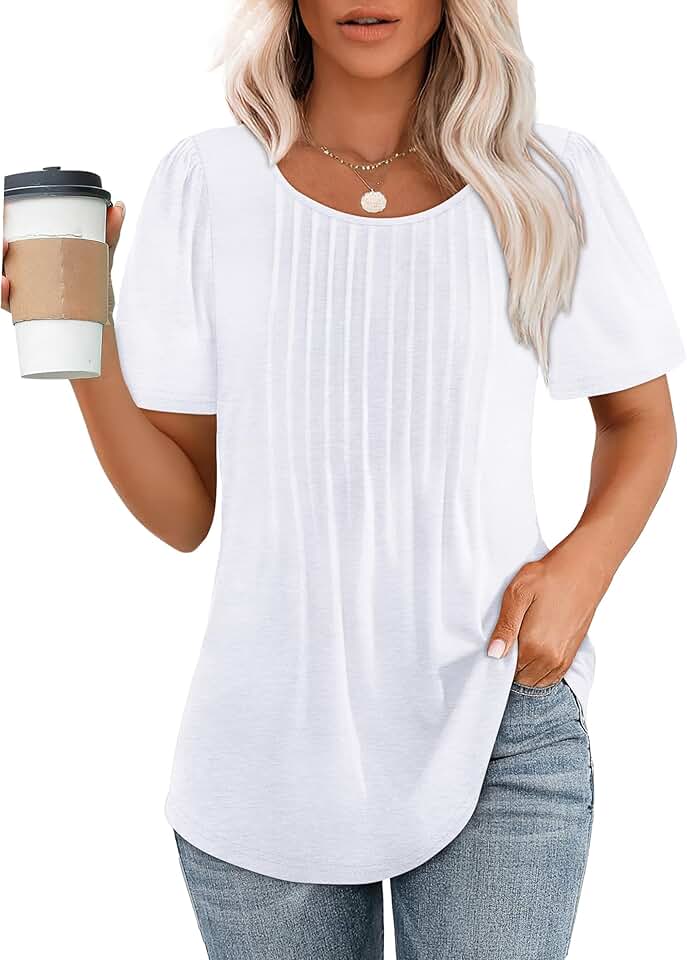 OFEEFAN Womens T Shirts Short Sleeve Pleated Dressy Casual Scooped Neck Summer Tops Blouses OEKO-TEX STANDARD 100