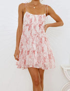 Mansy Womens 2026 Summer Floral Mini Dress Boho Flowy Skater Dresses Short Sleeveless Ruffle Spaghetti Strap Dress