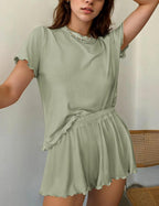 Ekouaer Womens Pajamas 2 Piece Ribbed Knit Pjs Short Sleeve Sleepwear Set Summer Soft Pajamas Set Casual Lounge Sets