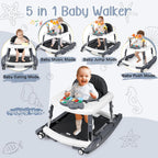 5 in 1 Baby Walker Foldable Music and Lights with 5 Adjustable Heights, Baby Walker with Wheels Portable, Infant Toddler Walker for Baby Boy Girls 6-18 Months (D-Grey)