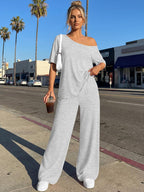 Trendy Queen Womens 2 Piece Lounge Sets Airport Travel Casual Outfits Off Shoulder Oversized Tshirts and Wide Leg Pants 2026