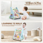 Wooden Baby Walker,Adjustable Speed Push Walker with Wheels and Learning Activity Center,Montessori Walker for Babies 12 Months,Baby Walker Push Toys for Baby Boys and Girls Gifts (Blue)