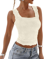 DouBCQ Women Cute Crop Tank Top Square Neck Wide Strap Vest Slim Fit Floral Lettuce Trim Cropped Cami Tops