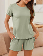 Ekouaer Womens Pajamas 2 Piece Ribbed Knit Pjs Short Sleeve Sleepwear Set Summer Soft Pajamas Set Casual Lounge Sets