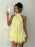 Verdusa Women's Chiffon Halter Drop Waist Wedding Guest Dresses Ruffle Summer Loose Fit Mini Dress Brunch Outfits