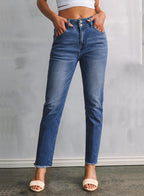 Sidefeel Women's High Waisted Jeans Strechy Fashion Raw Hem Straight Leg Ankle Denim Pants with Pockets