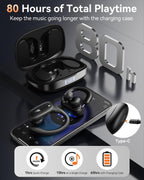 LEEMC Wireless Earbuds, Bluetooth Headphones 5.4, Ear Buds with Hooks for Sports, 80Hr Playtime Earphones, LED Display, IPX7 Waterproof Headset for Workout Running, Black