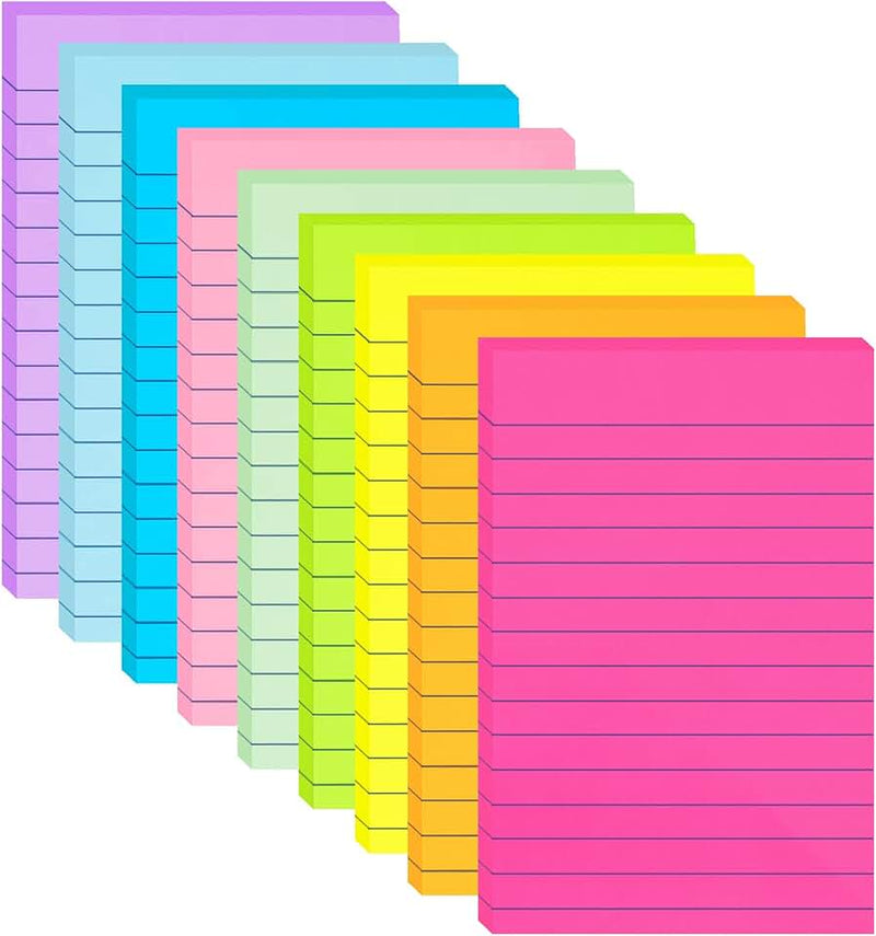 9 Pack Lined Sticky Notes 4x6 in Post Sticky Notes with Lines, 9 Bright Colors Self Sticky Notes Pad Its, Large Ruled St