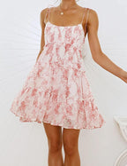 Mansy Womens 2026 Summer Floral Mini Dress Boho Flowy Skater Dresses Short Sleeveless Ruffle Spaghetti Strap Dress
