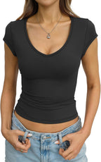 Eachyes Womens Deep V Neck Cap Sleeve Shirts Sexy Slim Fit Crop Tops Cute Basic Tees Y2k Going Out Summer Clothes 2026