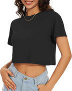 Womens Summer Crop Tops Short Sleeve Round Neck T-Shirts Loose Fit Casual Blouse 2026