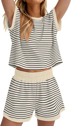 WIHOLL Two Piece Sets for Women Summer Lounge Short Sets Cap Sleeve Crew Neck Sweatsuit with Pocket XS-2XL