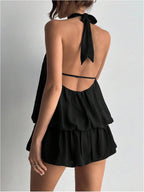 Floerns Women's Y2k Summer Halter Dress Tie Open Back Sleeveless Ruffle Hem Bubble Going Out Mini Dresses