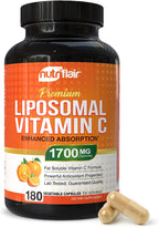 NutriFlair Liposomal Vitamin C 1700mg, 180 Capsules - High Absorption, Fat Soluble VIT C, Higher Bioavailability Immune System Support & Collagen Booster, Non-GMO, Vegan Pills