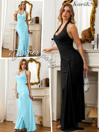 Kaei&Shi Women's Backless High Slit Deep V Neck Ruched Halter Maxi Dress Formal Prom Evening Wedding Guest Party