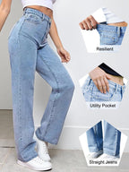 Women's Straight Leg Jeans Tummy Control Trendy High Waisted Stretchy Casual Denim Pants Baggy Trousers