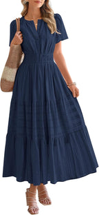 BTFBM Womens Summer 2026 Casual Midi Maxi Dresses Lightweight Short Sleeve V Neck Elastic Waist Boho Beach Dress Pockets