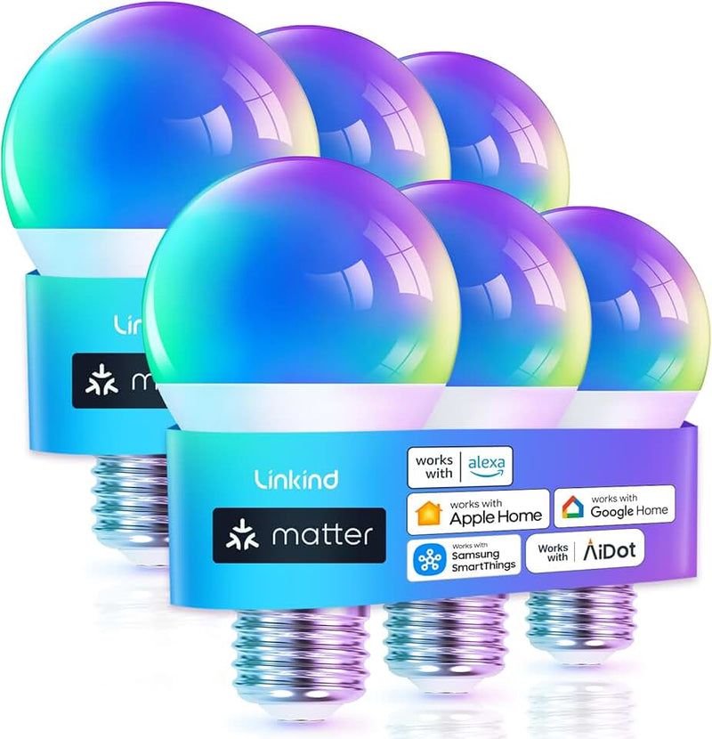 Linkind Matter Smart Light Bulb, WiFi Smart Bulbs, Work with Apple Home, Siri, Alexa, Google, SmartThings, RGBTW Color C
