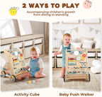 LOL-FUN Wooden Baby Walker with Detachable Busy Board, Push Walker for Baby with Adjustable Speed Wheels, Activity Learning Walker for Boys Girls 12 Months