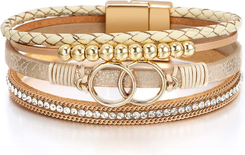 Fesciory Mothers Day Gifts for Mom Leopard Bracelet for Women, Boho Leather Wrap Multi-Layer Pearl Crystal Bracelet Bang