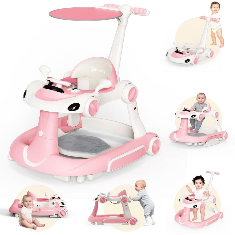 6 in 1 Foldable Baby Walker, Activity Baby Walker-Baby Bouncer, Rocker, Activity Center,Push Walker,Detachable Trampoline Mat, Adjustable Speed Rear Wheels and Height,Music & Lights,Ages 6-18 Months